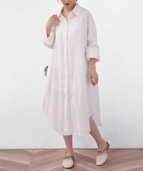 ONEP STAR（ワンピスター）の「ロングシャツワンピース（シャツワンピース・レディース・ベージュ/オレンジ/カーキ/ブラック/ブルー/ブラウン/ライトグリーン/ピンク/ホワイト・FREE）」の2枚目の写真