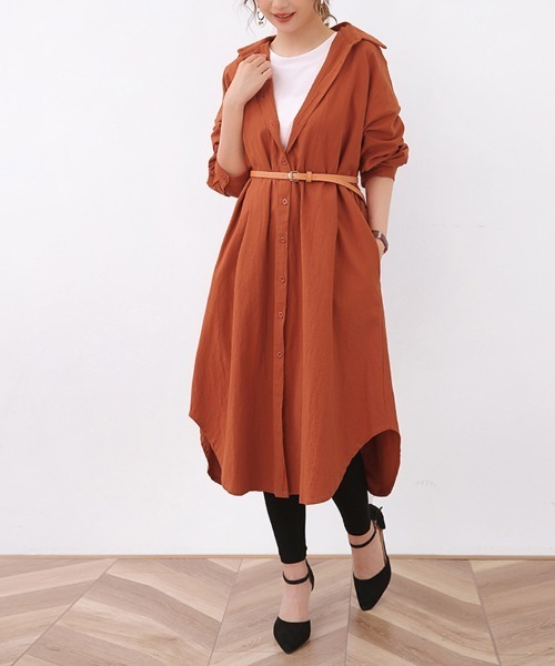 ONEP STAR（ワンピスター）の「ロングシャツワンピース（シャツワンピース・レディース・ベージュ/オレンジ/カーキ/ブラック/ブルー/ブラウン/ライトグリーン/ピンク/ホワイト・FREE）」の9枚目の写真