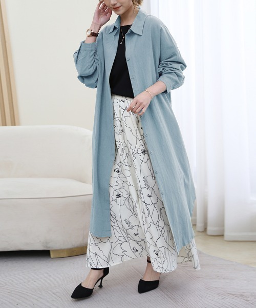 ONEP STAR（ワンピスター）の「ロングシャツワンピース（シャツワンピース・レディース・ベージュ/オレンジ/カーキ/ブラック/ブルー/ブラウン/ライトグリーン/ピンク/ホワイト・FREE）」の7枚目の写真