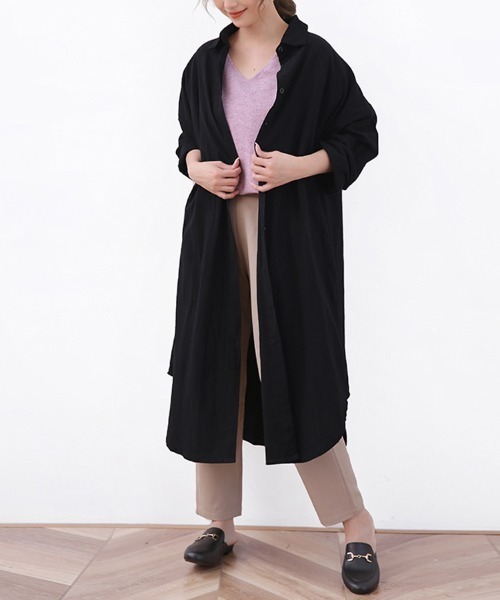 ONEP STAR（ワンピスター）の「ロングシャツワンピース（シャツワンピース・レディース・ベージュ/オレンジ/カーキ/ブラック/ブルー/ブラウン/ライトグリーン/ピンク/ホワイト・FREE）」の3枚目の写真