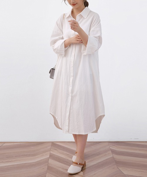 ONEP STAR（ワンピスター）の「ロングシャツワンピース（シャツワンピース・レディース・ベージュ/オレンジ/カーキ/ブラック/ブルー/ブラウン/ライトグリーン/ピンク/ホワイト・FREE）」の12枚目の写真