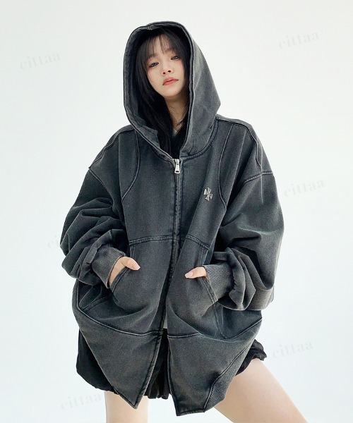 韓国ファッション クロスデザインピグメント加工ダブルジップパーカー