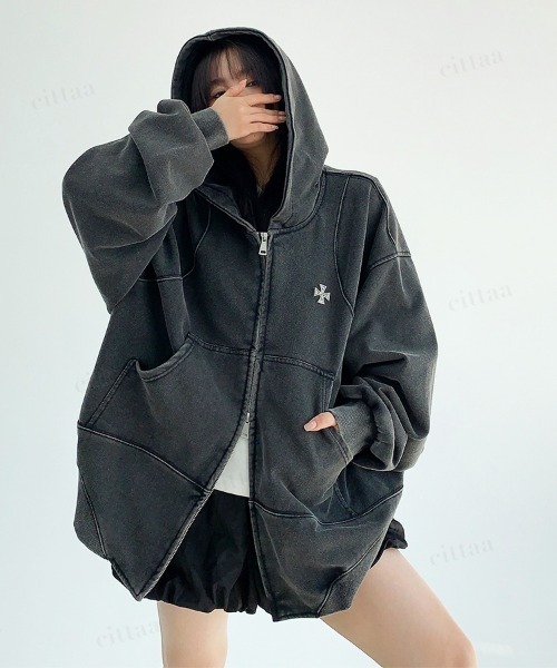 韓国ファッション クロスデザインピグメント加工ダブルジップパーカー