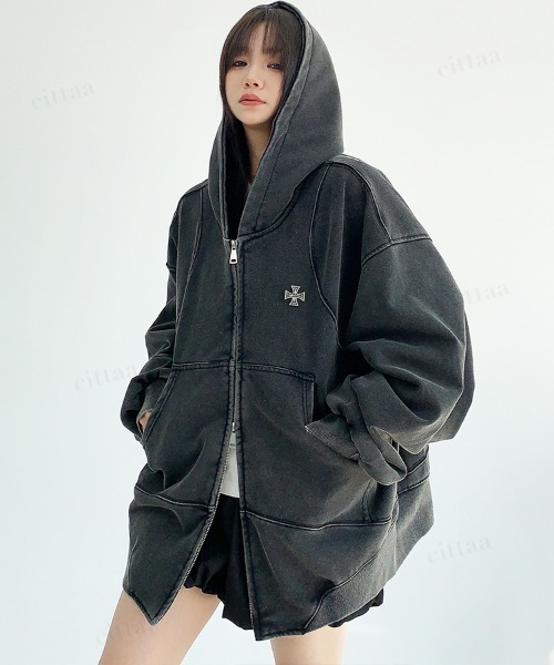 韓国ファッション クロスデザインピグメント加工ダブルジップパーカー