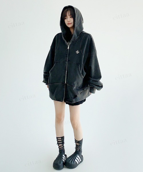 韓国ファッション クロスデザインピグメント加工ダブルジップパーカー