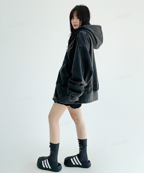 韓国ファッション クロスデザインピグメント加工ダブルジップパーカー