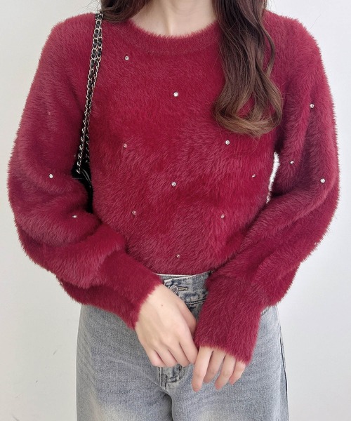 INGNI（イング）の「ビジュー付フェザーニット（ニット/セーター・レディース・ピンク/ボルドー/ブラック/オフホワイト/グレー・M）」の5枚目の写真