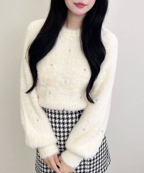 INGNI（イング）の「ビジュー付フェザーニット（ニット/セーター・レディース・ピンク/ボルドー/ブラック/オフホワイト/グレー・M）」の13枚目の写真