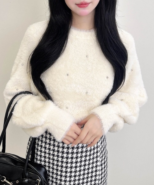 INGNI（イング）の「ビジュー付フェザーニット（ニット/セーター・レディース・ピンク/ボルドー/ブラック/オフホワイト/グレー・M）」の14枚目の写真