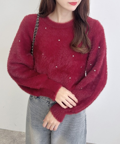 INGNI（イング）の「ビジュー付フェザーニット（ニット/セーター・レディース・ピンク/ボルドー/ブラック/オフホワイト/グレー・M）」の7枚目の写真