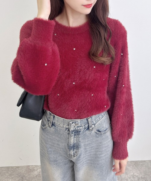 INGNI（イング）の「ビジュー付フェザーニット（ニット/セーター・レディース・ピンク/ボルドー/ブラック/オフホワイト/グレー・M）」の8枚目の写真