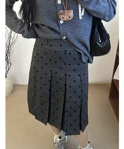 セール】【秋冬新作】ボックスプリーツドット柄ひざ丈スカート
