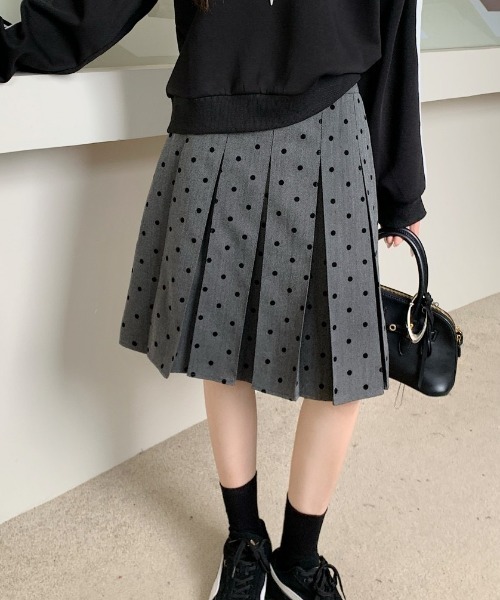 セール】【秋冬新作】ボックスプリーツドット柄ひざ丈スカート