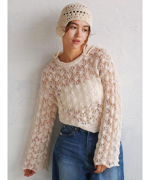 FIKA.(フィーカ)の「Wide sleeve mesh knit pullover(ニット/セーター・レディース・オフホワイト/キャメル・MEDIUM)」の1枚目の写真