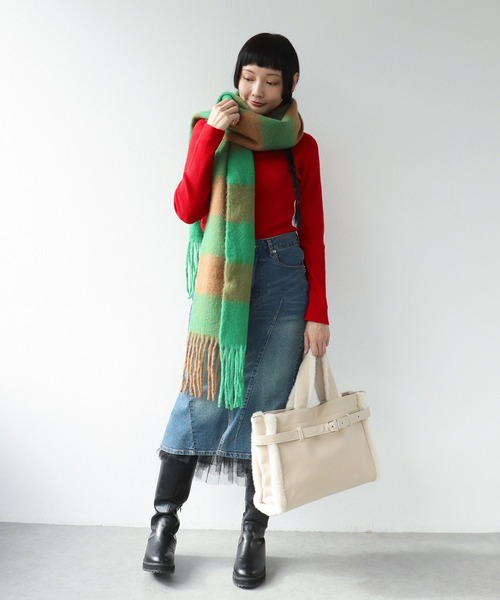 Three Four Time（ｽﾘｰﾌｫｰﾀｲﾑ）の「ブロックチェックフリンジマフラー（ストール/ショール・レディース・ブルー系その他/グリーン系その他・FREE）」の6枚目の写真