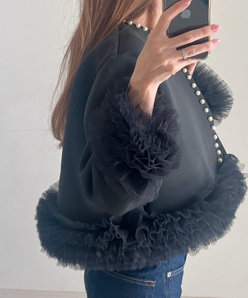 パール付きフリルジャケット(ノーカラージャケット)|deux amour パール付きフリルジャケット(ノーカラージャケット)|deux amour