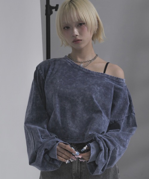 17HR(セブンティーンアワーズ)の「ルーズワンショルロンT(Tシャツ/カットソー・レディース・グレー/ブルー・FREE)」の1枚目の写真