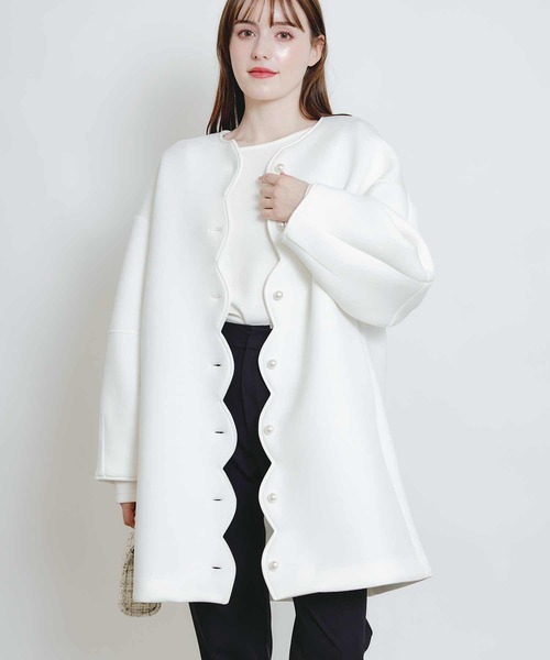 PICCIN PERLA(ピッチンペルラ)の「スカラップボンディングコート(ノーカラーコート・レディース・ブラック/オフホワイト/ライトグレー・M)」の2枚目の写真