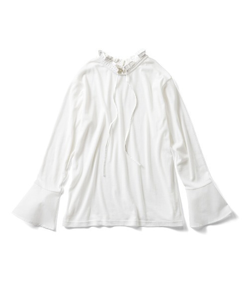 IEDIT（イディット）の「ＩＥＤＩＴ　綿混　衿もと・袖口チラ見せ簡単　スタンドカラーレイヤードトップス（Tシャツ/カットソー・レディース・ホワイト系その他/ホワイト系その他3/ホワイト系その他2・L/M/S/LL/3L）」の2枚目の写真