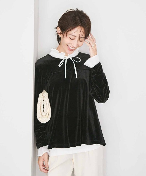 IEDIT（イディット）の「ＩＥＤＩＴ　綿混　衿もと・袖口チラ見せ簡単　スタンドカラーレイヤードトップス（Tシャツ/カットソー・レディース・ホワイト系その他/ホワイト系その他3/ホワイト系その他2・L/M/S/LL/3L）」の4枚目の写真