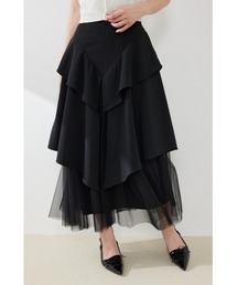 チュールレイヤードラッフルジャストウエストスカート 春服