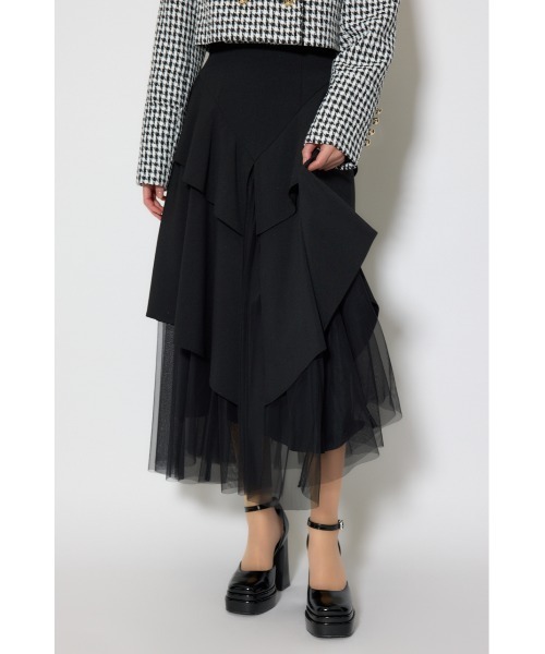 チュールレイヤードラッフルジャストウエストスカート 春服（スカート