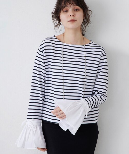 THE PAUSE（ザ ポーズ）の「【THE PAUSE】フレアカフスボーダープルオーバー（Tシャツ/カットソー・レディース・ブラック/ホワイト・FREE）」の2枚目の写真