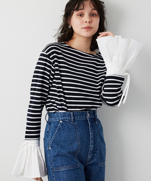 THE PAUSE（ザ ポーズ）の「【THE PAUSE】フレアカフスボーダープルオーバー（Tシャツ/カットソー・レディース・ブラック/ホワイト・FREE）」の12枚目の写真