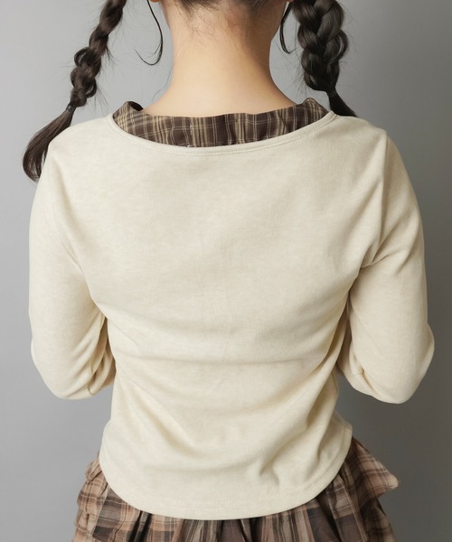 SPINNS(スピンズ)の「チェックリボンが視線を奪う♪レイヤード風ガーリートップス(Tシャツ/カットソー・レディース・チャコール/ブラウン/アイボリー・ONESIZE)」の7枚目の写真