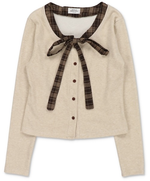 SPINNS(スピンズ)の「チェックリボンが視線を奪う♪レイヤード風ガーリートップス(Tシャツ/カットソー・レディース・チャコール/ブラウン/アイボリー・ONESIZE)」の21枚目の写真