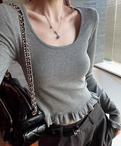 HALEY PESCA(ヘーリーペスカ)の「HALEY PESCA/シンプルスクープド・ネックフリルトップス(Tシャツ/カットソー・レディース・ブラック/グレー・MEDIUM/SMALL)」の8枚目の写真