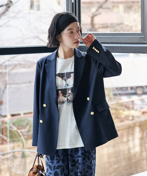 FREAK'S STORE（フリークスストア）の「接触冷感/UVカット LINEN TOUCH ダブルブレストジャケット/リネンタッチ ジャケット（テーラードジャケット・レディース・グレー/ブラック/ネイビー/ベージュ・ﾌﾘ-）」の4枚目の写真