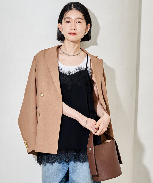 FREAK'S STORE（フリークスストア）の「接触冷感/UVカット LINEN TOUCH ダブルブレストジャケット/リネンタッチ ジャケット（テーラードジャケット・レディース・グレー/ブラック/ネイビー/ベージュ・ﾌﾘ-）」の5枚目の写真