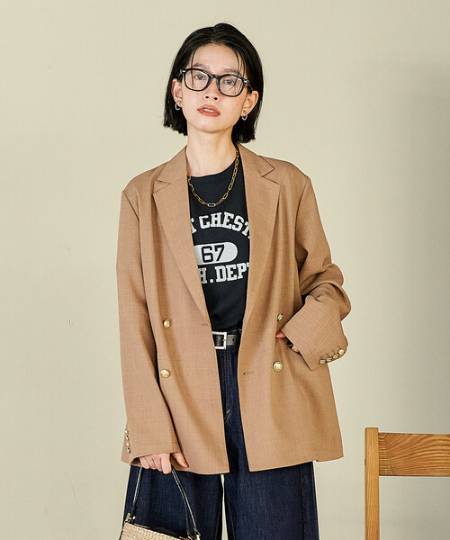 FREAK'S STORE（フリークスストア）の「接触冷感/UVカット LINEN TOUCH ダブルブレストジャケット/リネンタッチ ジャケット（テーラードジャケット・レディース・グレー/ブラック/ネイビー/ベージュ・ﾌﾘ-）」の6枚目の写真