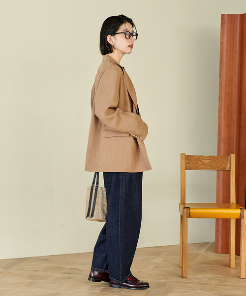 FREAK'S STORE（フリークスストア）の「接触冷感/UVカット LINEN TOUCH ダブルブレストジャケット/リネンタッチ ジャケット（テーラードジャケット・レディース・グレー/ブラック/ネイビー/ベージュ・ﾌﾘ-）」の8枚目の写真