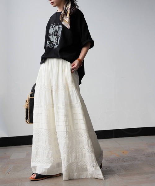 antiqua(アンティカ)の「インド綿 レース ロングスカート(スカート・レディース・ブラック/ホワイト・ONESIZE)」の4枚目の写真