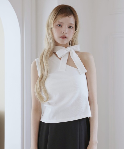 MSGirl(エムエスジーガール)の「ワンショルダーカップ付きリボントップス(Tシャツ/カットソー・レディース・ホワイト/ブラック・S/M/L)」の3枚目の写真