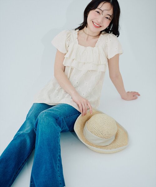 natural couture（ナチュラルクチュール）の「ポコポコカットフリルキャミ（シャツ/ブラウス・レディース・レッド/ミント/ブラック/アイボリー・FREE）」の9枚目の写真