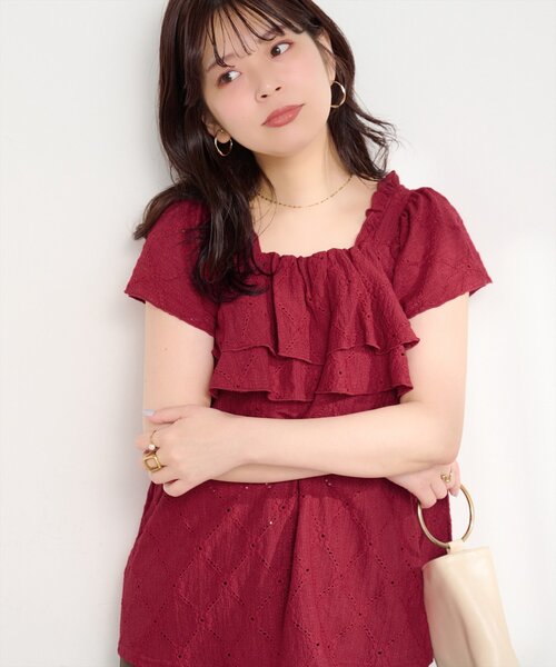 natural couture（ナチュラルクチュール）の「ポコポコカットフリルキャミ（シャツ/ブラウス・レディース・レッド/ミント/ブラック/アイボリー・FREE）」の16枚目の写真