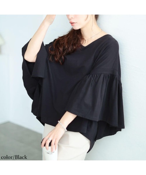 GOLDJAPAN（ゴールドジャパン）の「ギャザーフレアスリーブコットンプルオーバー【大きいサイズ対応】（Tシャツ/カットソー・レディース・ブラック/ホワイト/チャコールグレー・4L～5L/LL～3L）」の15枚目の写真