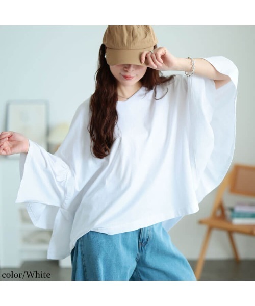 GOLDJAPAN（ゴールドジャパン）の「ギャザーフレアスリーブコットンプルオーバー【大きいサイズ対応】（Tシャツ/カットソー・レディース・ブラック/ホワイト/チャコールグレー・4L～5L/LL～3L）」の12枚目の写真
