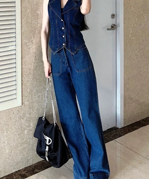 almo(アルモ)の「【LAMPOON】デニムノースリーブセットアップ(セットアップ・レディース・ネイビー・MEDIUM/SMALL/LARGE)」の4枚目の写真