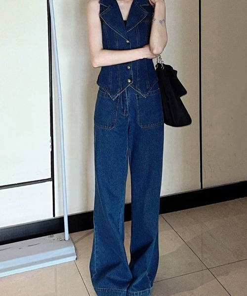 almo(アルモ)の「【LAMPOON】デニムノースリーブセットアップ(セットアップ・レディース・ネイビー・MEDIUM/SMALL/LARGE)」の5枚目の写真