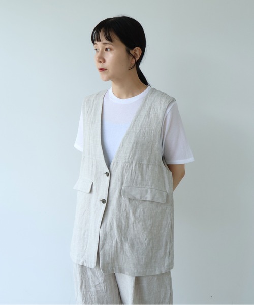 yuni(ユニ )の「△Hemp/C herringbone long Vest(ベスト・レディース・ブラック/ベージュ・FREE)」の4枚目の写真
