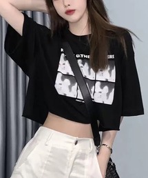 プリントTシャツ 半袖 ショート丈 フォトプリント 韓国 y2k クロップド丈 モノクロプリント Tシャツ