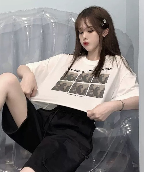 shopnikoniko(ショップニコニコ)の「プリントTシャツ 半袖 ショート丈 フォトプリント 韓国 y2k クロップド丈 モノクロプリント Tシャツ(Tシャツ/カットソー・レディース・ホワイト/ブラック・フリー)」の11枚目の写真