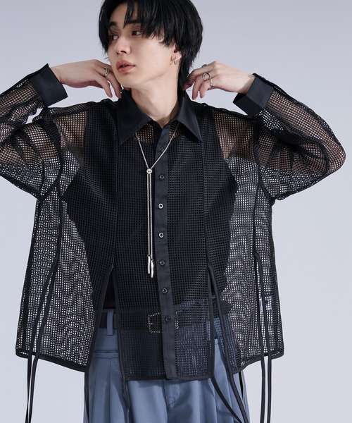 Ellno Loset(エルノロゼット)の「メッシュレースコードシャツ(シャツ/ブラウス・メンズ・ブラック/オフホワイト・MEDIUM/LARGE/SMALL)」の1枚目の写真