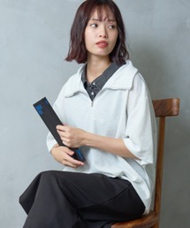 デニム襟レイヤード風 半袖 ハーフジッププルオーバー