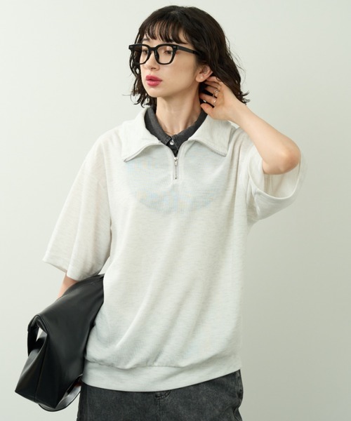 A.D.C.L.（エーディーシーエル）の「デニム襟レイヤード風  半袖 ハーフジッププルオーバー（Tシャツ/カットソー・レディース・ブラック/サックスブルー・M/L）」の3枚目の写真