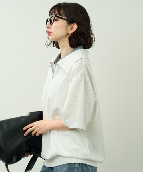 A.D.C.L.（エーディーシーエル）の「デニム襟レイヤード風  半袖 ハーフジッププルオーバー（Tシャツ/カットソー・レディース・ブラック/サックスブルー・M/L）」の9枚目の写真